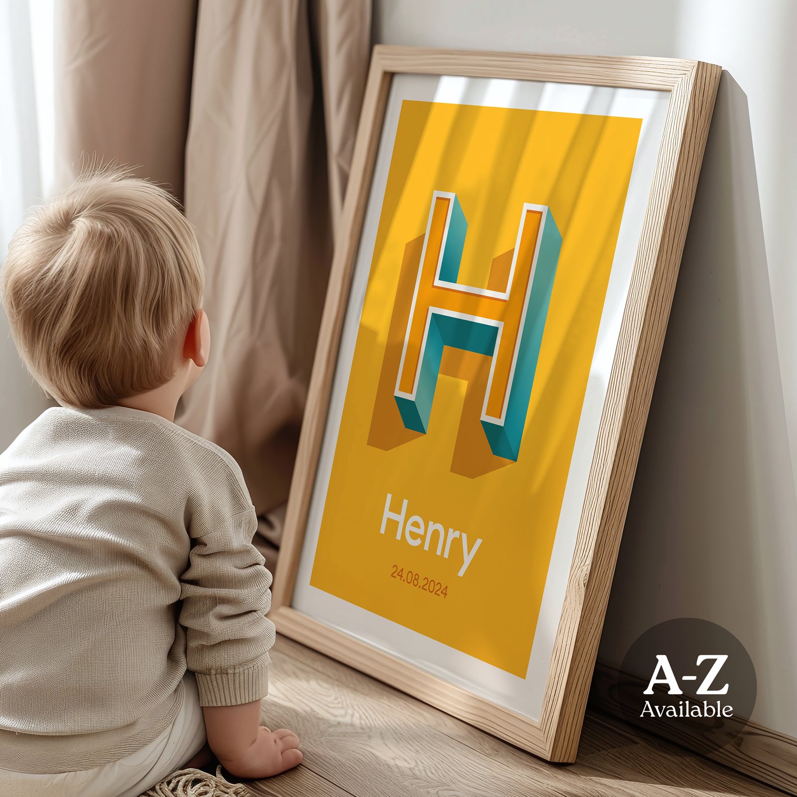  A personalised name and date print from Alf and Bet with a warm Yellow base colour and 3D letter with Yellow infill and contrasting Turquoise shadow.