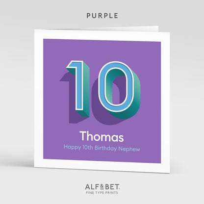 A purple personalised tenth birthday card from Alf and Bet.
