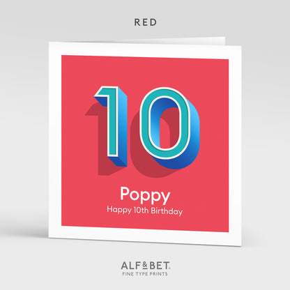 A red personalised 10th birthday card from Alf and Bet.
