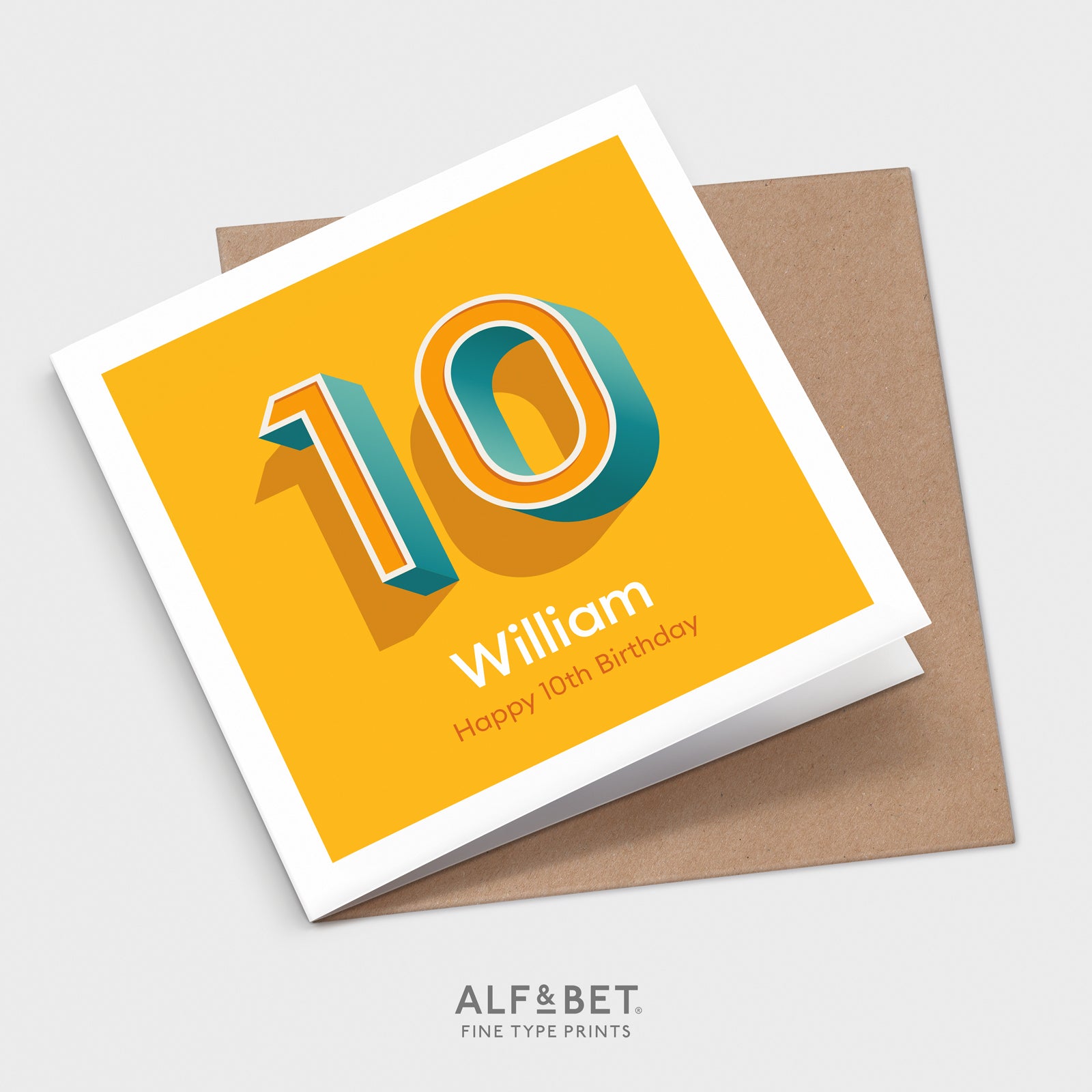 A yellow personalised 10th birthday card from Alf and Bet.
