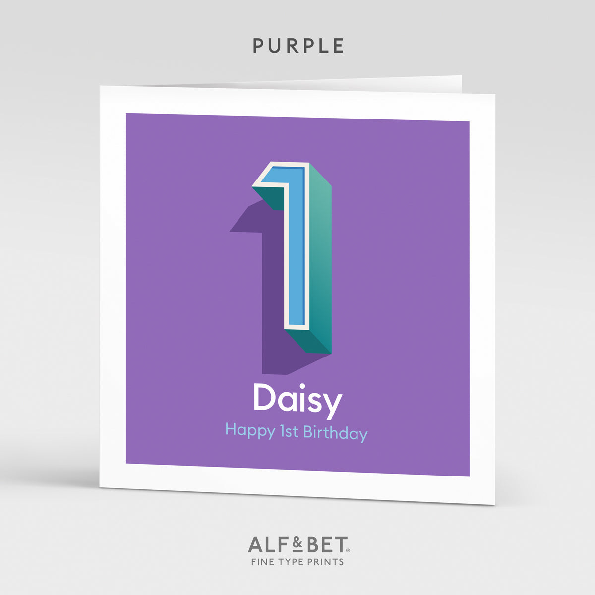 A purple personalised first birthday card from Alf and Bet.
