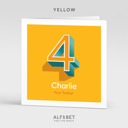 A colourful Personalised 4th Birthday Card from Alf and Bet.