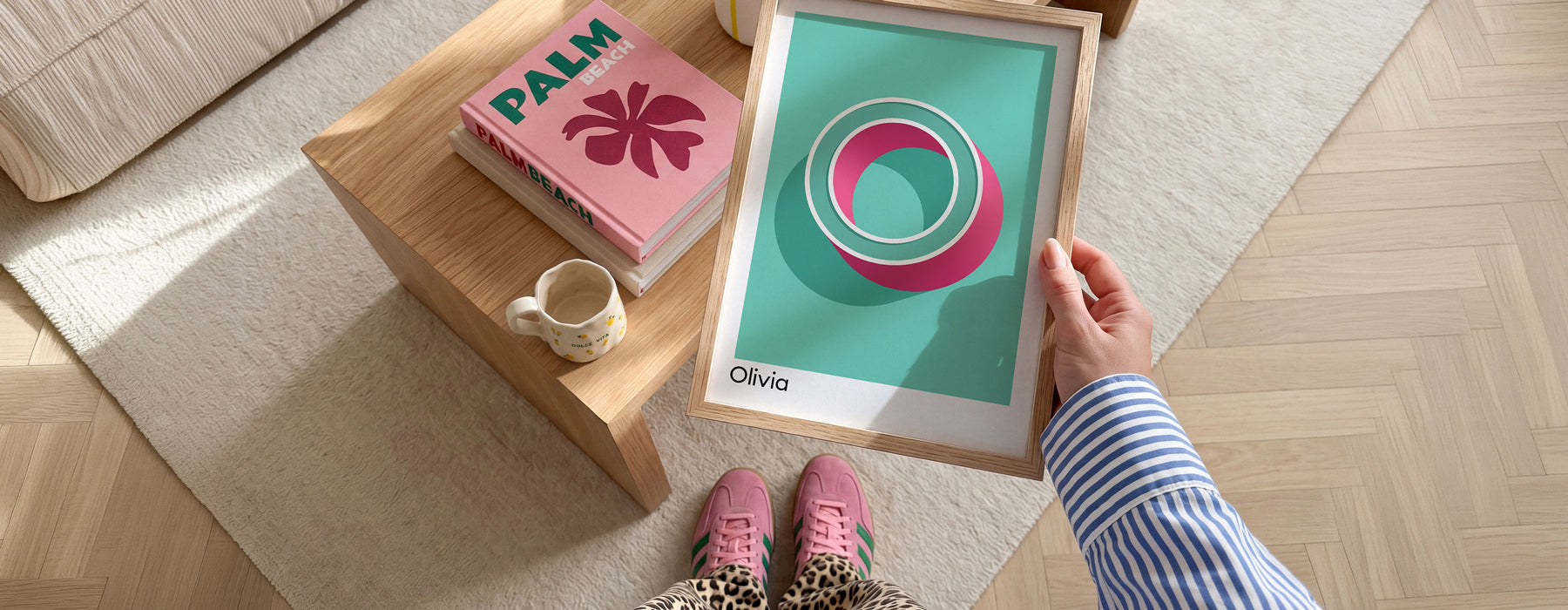 A personalised name and letter print from Alf & Bet in Mint Green and Pink
