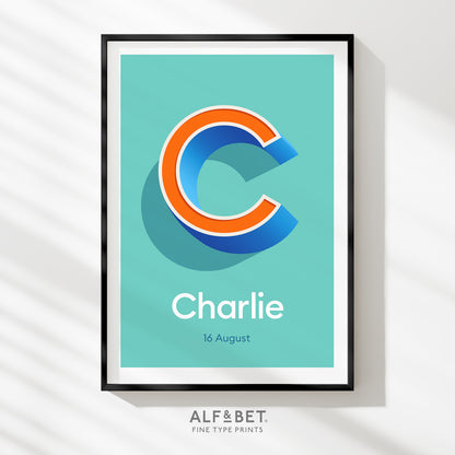 Personalised Name Print with Date in Aqua Blue from Alf and Bet