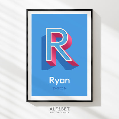 Personalised Name Print with Date in Azure Blue from Alf and Bet