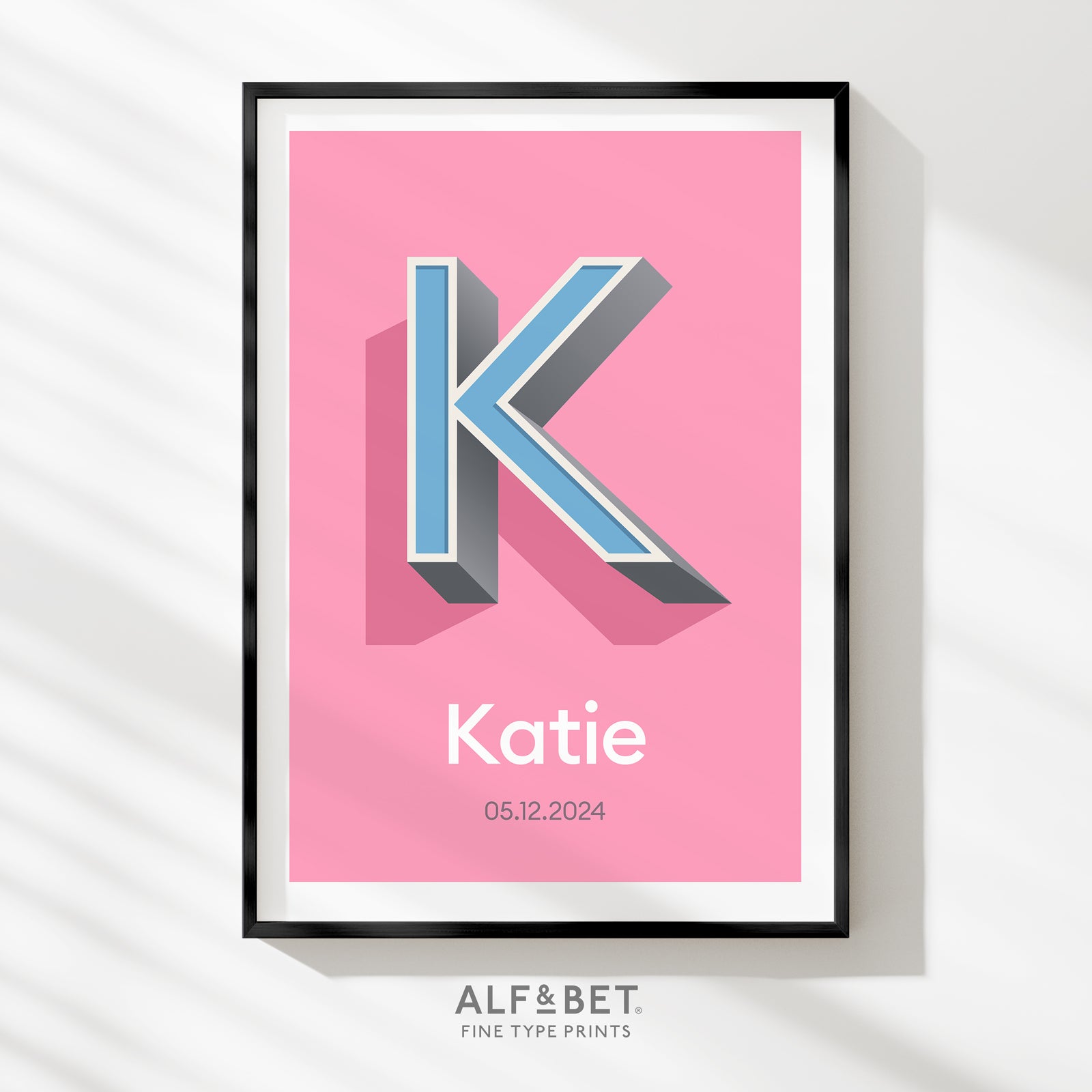 Personalised Name Print with Date in Pink from Alf and Bet