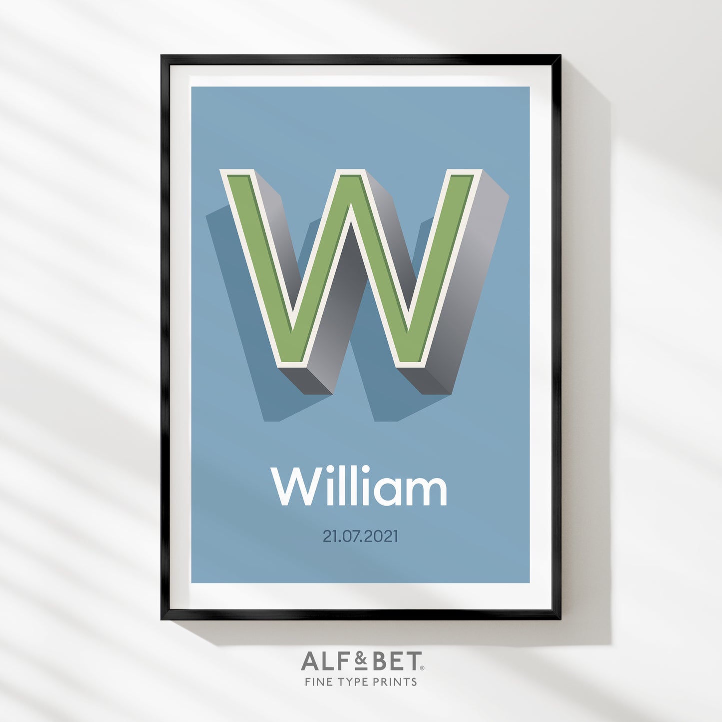 Personalised Name Print with Date in Sky Blue from Alf and Bet Prints