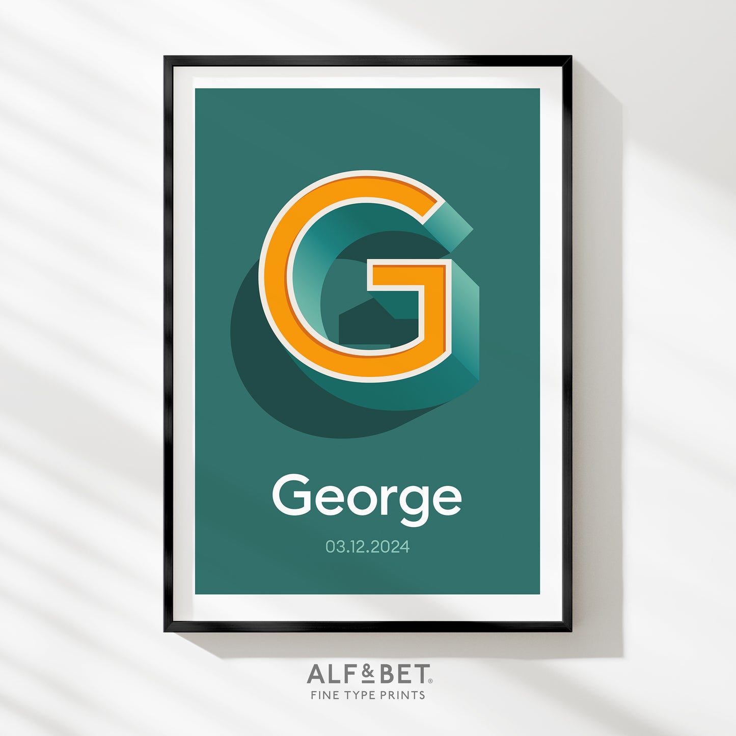 Teal Green Personalised Name Print with Date from Alf and Bet Prints