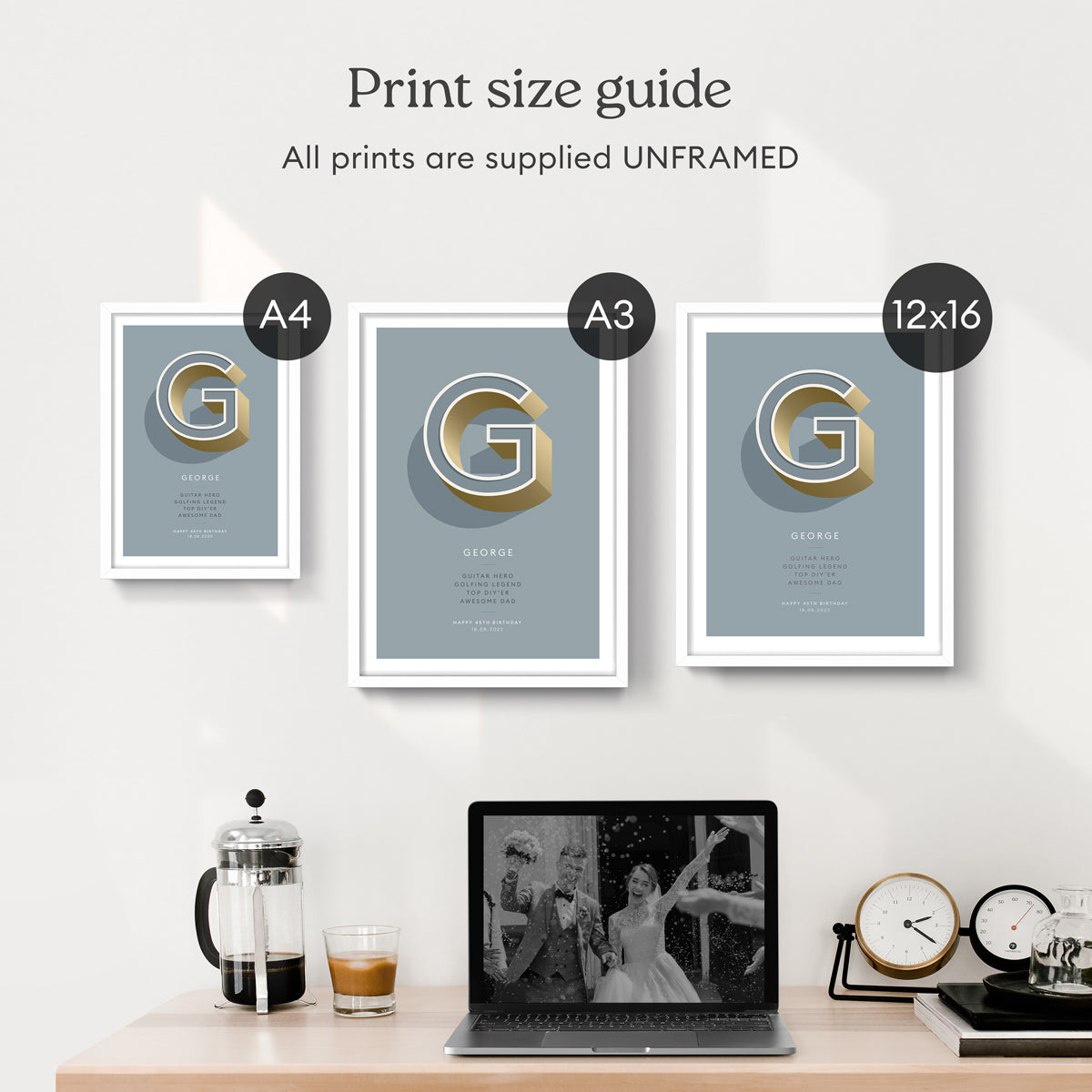 Print size guide with A4, A3, and 12x16 prints displayed together over a desk.
