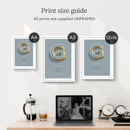 Print size guide with A4, A3, and 12x16 prints displayed together over a desk.