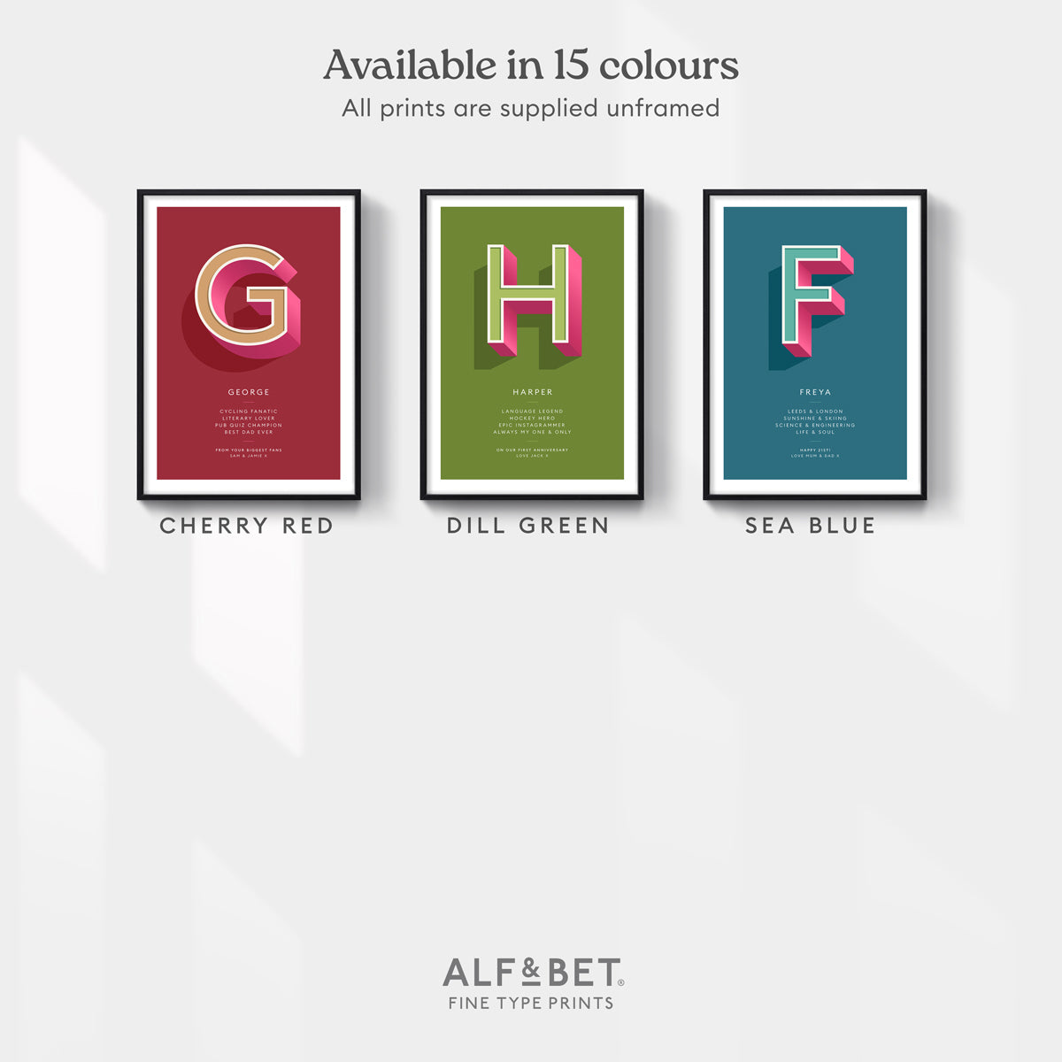 Personalised occasion prints from Alf & Bet are available in 15 colours, this image shows 3 options: Cherry Red, Dill Green and Sea Blue