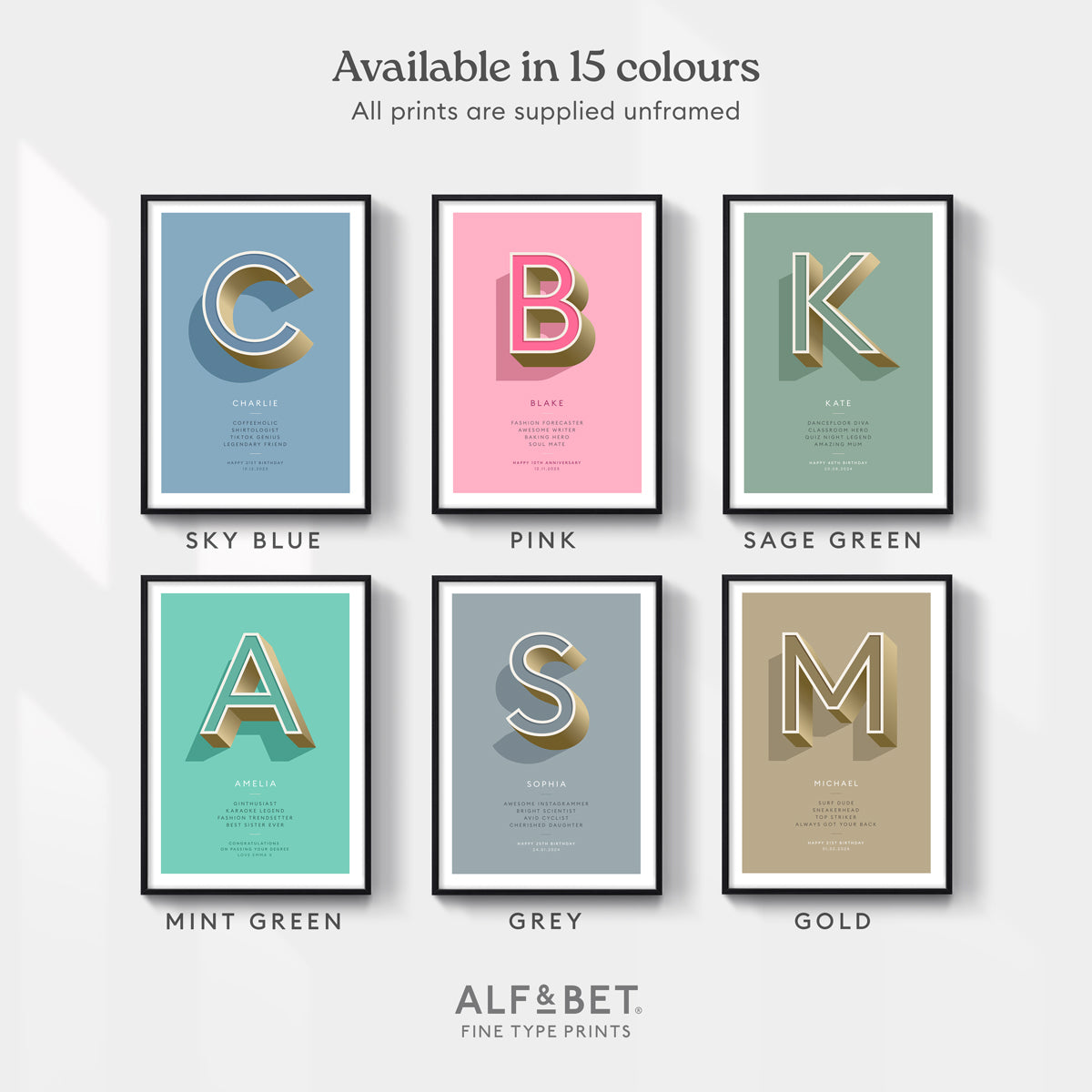 Personalised occasion prints from Alf & Bet are available in 15 colours, this images shows 6 options: Sky Blue, Pink, Sage Green, Mint Green, Grey and Gold.