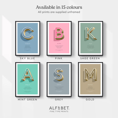 Personalised occasion prints from Alf & Bet are available in 15 colours, this images shows 6 options: Sky Blue, Pink, Sage Green, Mint Green, Grey and Gold.