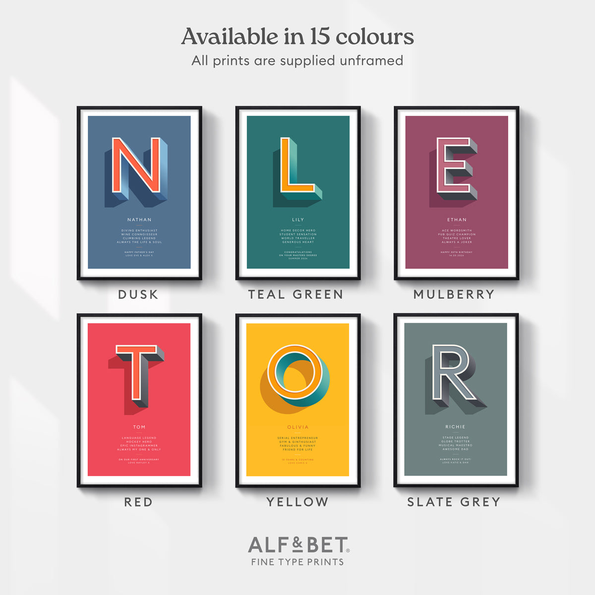 Personalised occasion prints from Alf & Bet are available in 15 colours, this images shows 6 options: Dusk, Teal Green, Mulberry, Red, Yellow and Slate Grey