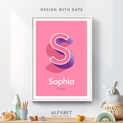 Personalised Name Print with Date in Candy Pink from Alf and Bet
